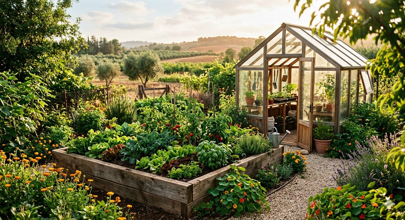 A living Sonoma garden at golden hour: raised beds, greenhouse, and Mediterranean hills